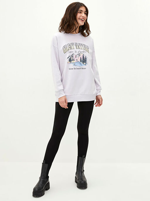 Bisiklet Yaka Bask?l? Uzun Kollu Kad?n Sweatshirt - Waikiki фото 3