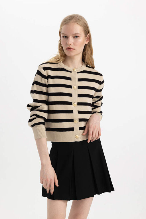 Полосатый кардиган обычного кроя с круглым вырезом - Defacto фото 3