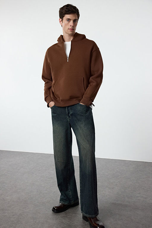 Kahverengi Oversize/Geni_ Kesim Fermuarl_ Kap__onlu __i Polarl_ Basic Sweatshirt TMNAW25SW00050 - Trendyolmilla фото 2