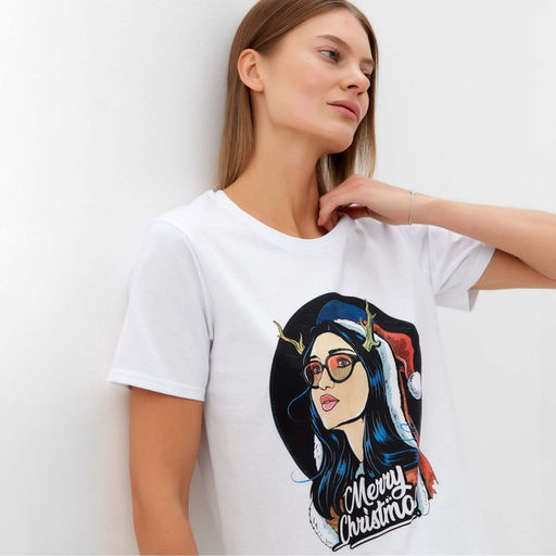 Цена за 2 шт. Футболка женская новогодняя Merry Christmas, цвет белый, размер 50