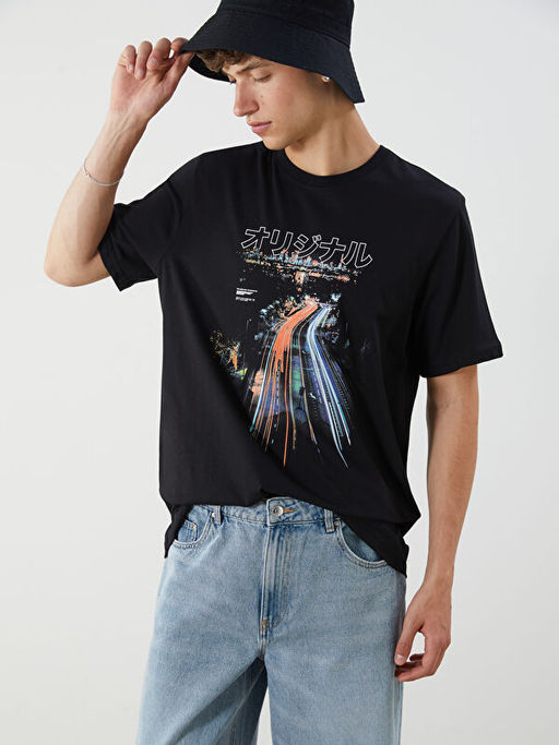 Bisiklet Yaka Bask?l? Penye Erkek Ti??rt