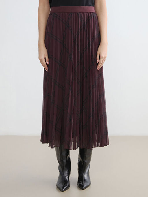 Beli Lastikli Ekose Desenli Pileli Etek