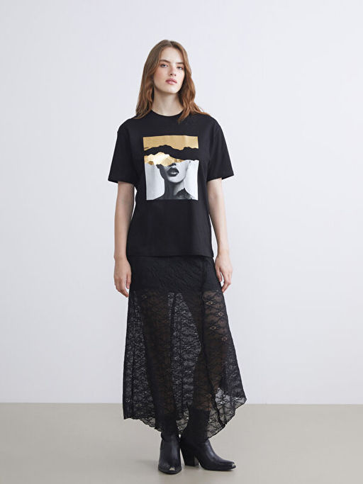 Bisiklet Yaka Bask?l? Oversize Kad?n Ti??rt