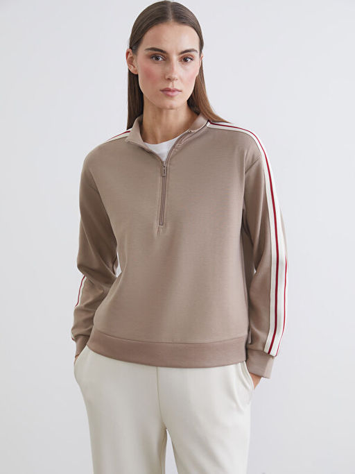Dik Yaka ?erit Detayl? Kad?n Fermuarl? Sweatshirt