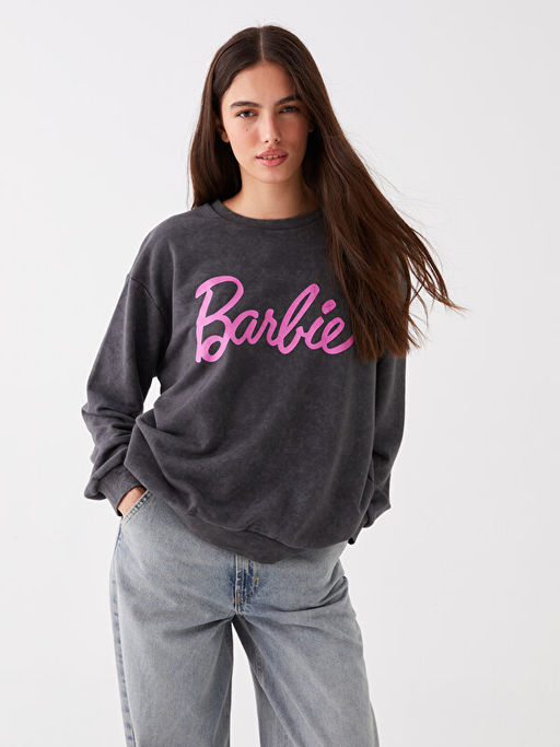 Bisiklet Yaka Barbie Bask?l? Uzun Kollu Oversize Kad?n Sweatshirt
