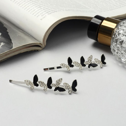 Цена за 2 шт. Невидимки для волос «Аннабелль», набор 2 шт., бабочка чёрный, 6.5 см, серебро