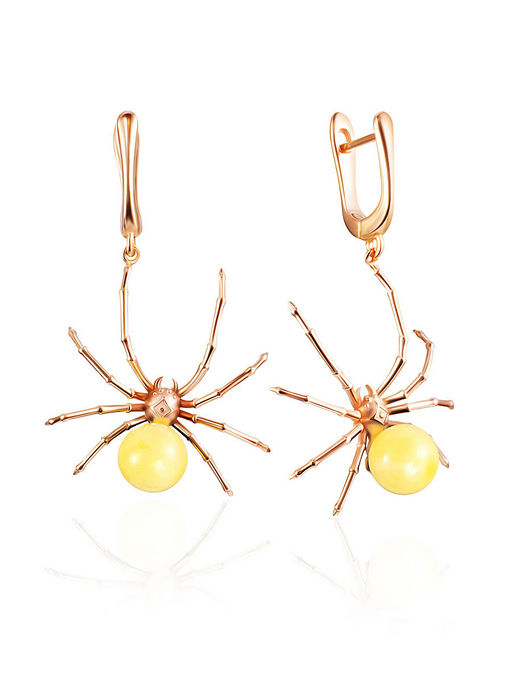 Лёгкие солнечные серьги Паучок с медовым янтарём