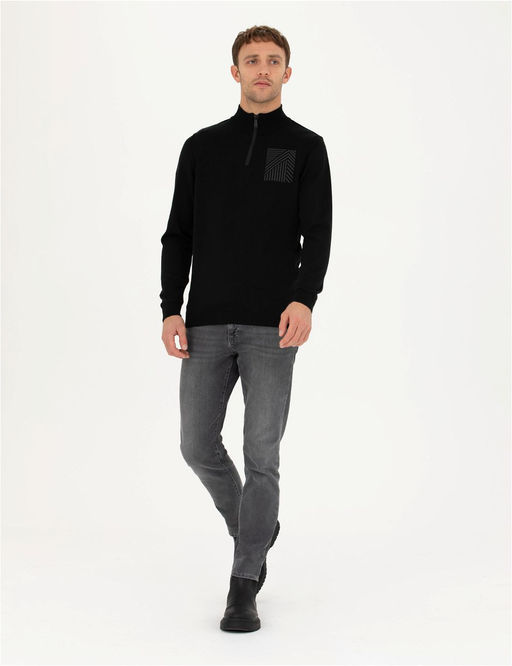 Siyah Slim Fit Fermuarl_ Dik Yaka Triko Kazak