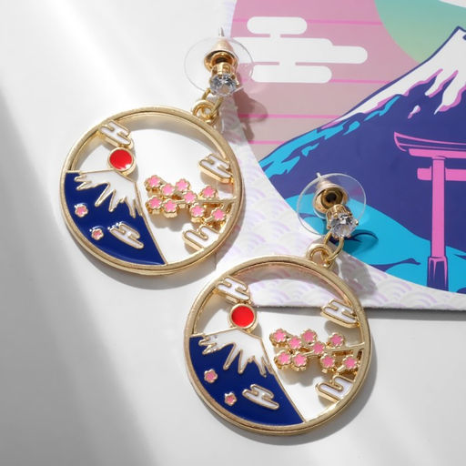 Серьги ассорти Япония горы и сакура, цветные в золоте - Queen fair фото 2