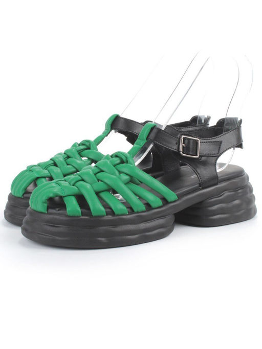 08-PEAG48-2 BLACK/GREEN Босоножки женские (натуральная кожа)