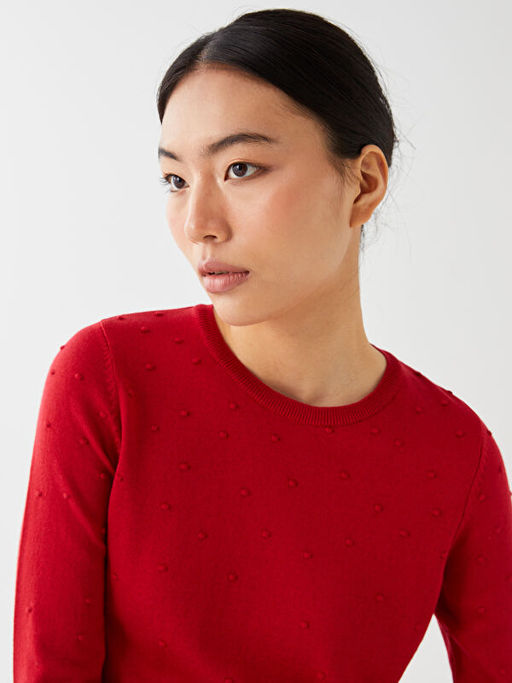 Bisiklet Yaka Kendinden Desenli Uzun Kollu Kad?n Triko Kazak