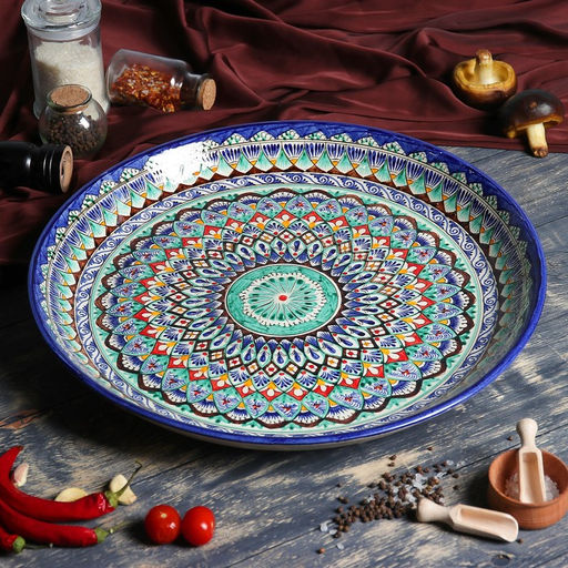 Ляган узбекский Риштанская керамика «Узоры», для плова, d=46 см, синий МИКС