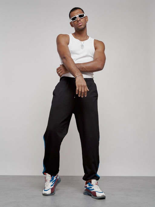 Широкие спортивные штаны трикотажные мужские черного цвета 12903Ch - Mtforce фото 10