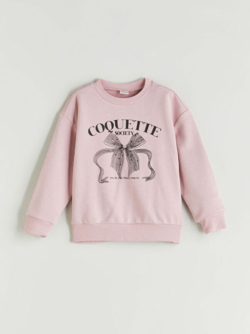 Bisiklet Yaka Fiyonk Bask?l? K?z ?ocuk Sweatshirt