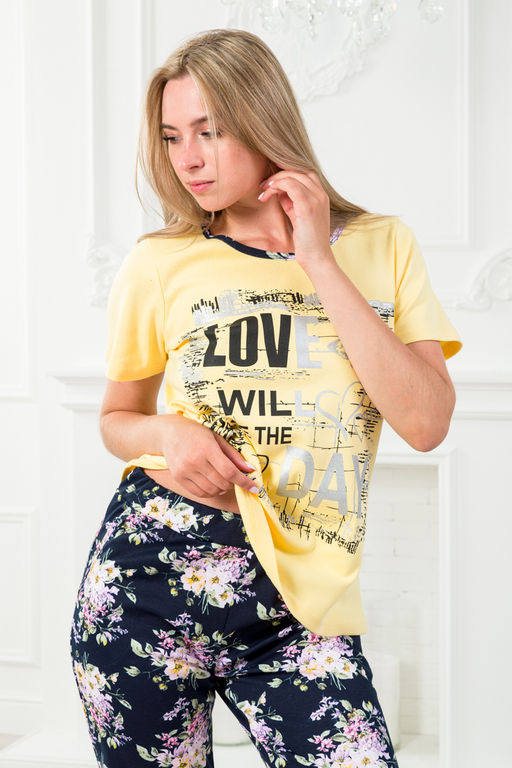 Пижама женская домашний из футболки и бридж Букетик желтый темно-синий с принтом LOVE - Амадэль фото 5