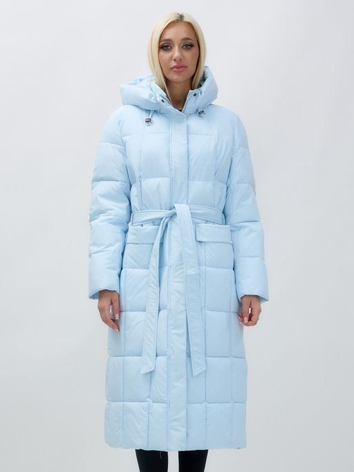 Пальто утепленное стеганное зимнее с капюшоном женское голубого цвета 9609Gl - Mtforce фото 10
