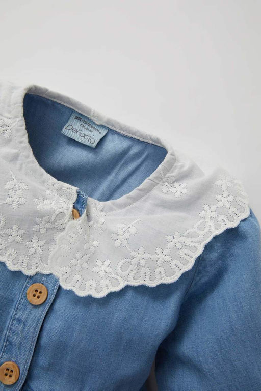 Джинсовое платье с широким кружевным воротником и длинными рукавами для маленьких девочек - Defacto фото 6