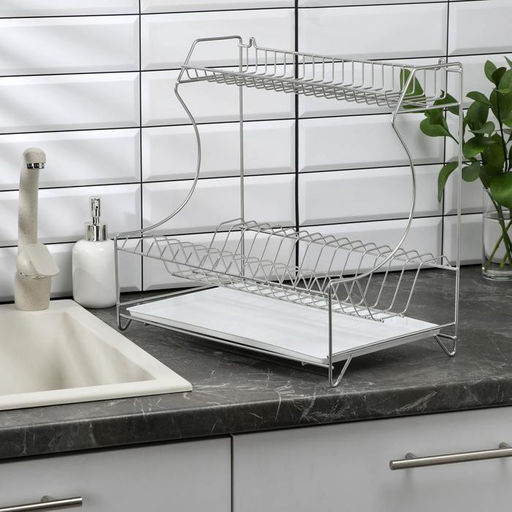 Сушилка для посуды с поддоном 2-х ярусная, настольно-настенная, 39.5×25×38 см, хром