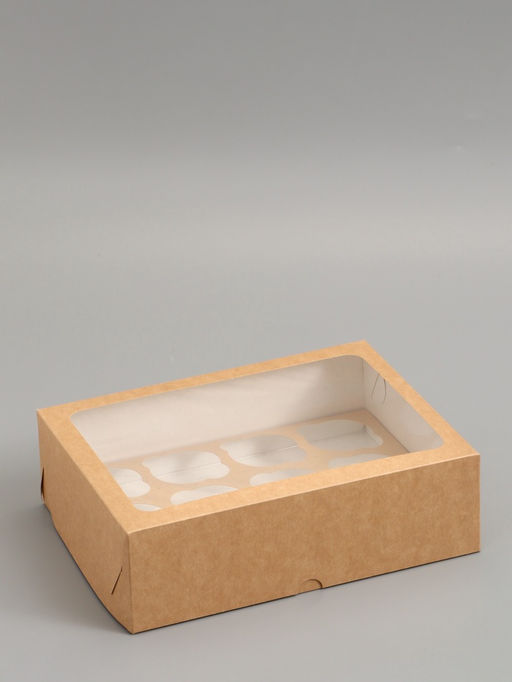 Коробка под 12 капкейков с окном, крафт, 32.5×25.5×10 см, 5 шт.