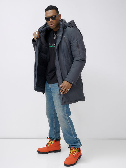 Парка мужская зимняя удлиненная темно-серого цвета 8385TC