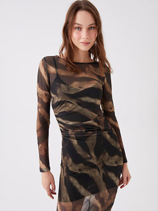 Bisiklet Yaka Desenli Uzun Kollu Elbise