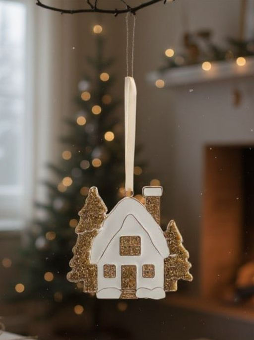 Игрушка елочная, 8 см, металл, золотистая, Домик с елками, New year