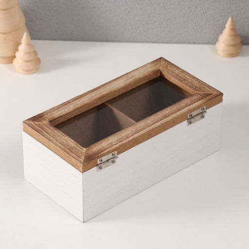 Шкатулка для чая 2 деления Олени у заснеженного домика, дерево, 9.2?18?7 см