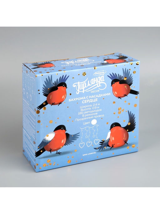 Гирлянда Бахрома 2.4?0.9 м с насадками Сердце, IP20, прозрачная нить, 186 LED, свечение белое, 8 режимов, 220 В - Luazon lighting фото 14