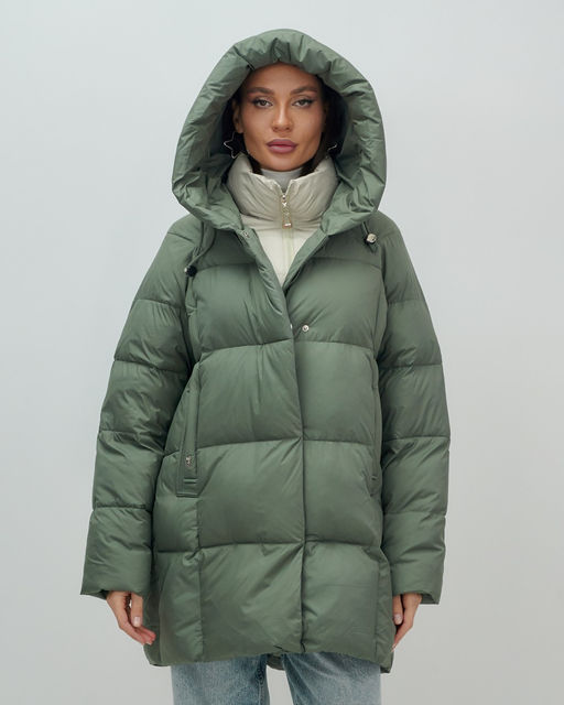Куртка двубортная женская зимняя с капюшоном цвета хаки 7736Kh Бренд: Visdeer  фото 8