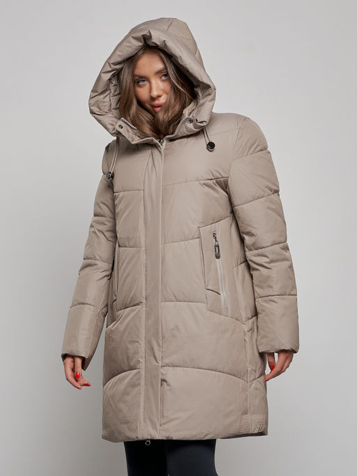 Пальто утепленное молодежное зимнее женское бежевого цвета 52363B