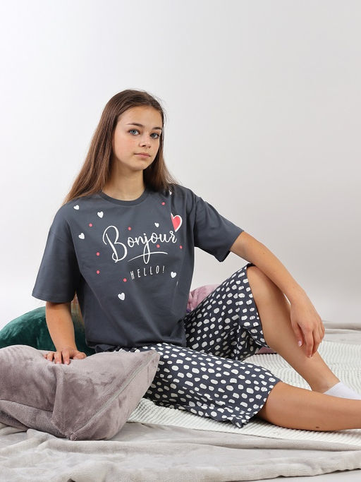 CRB wear / CWJG 50198-48 Пижама для девочки (футболка, бриджи),темно-серый/Ex.Cherubino  фото 2