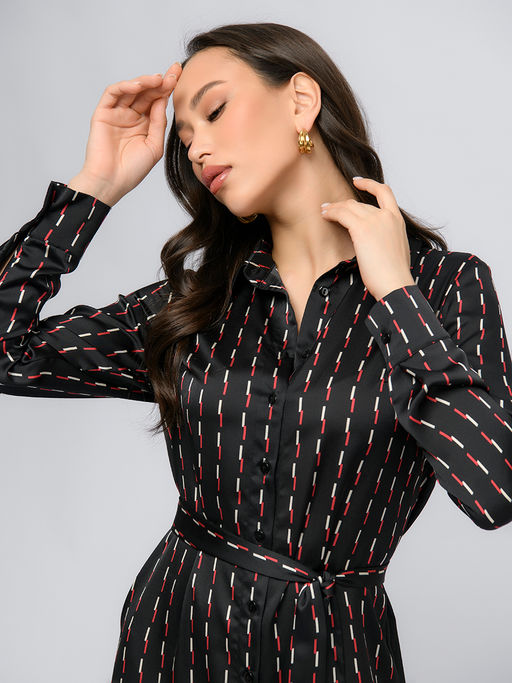 Платье черного цвета длины миди с принтом и длинными рукавами - 1001dress фото 4