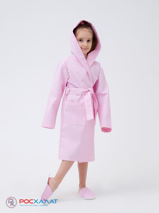 Детский вафельный халат с капюшоном светло-розовый В-07 (8)