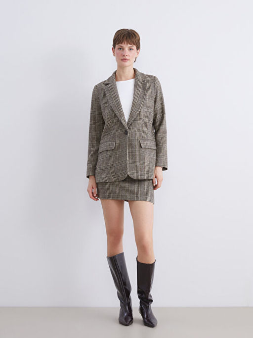 V Yaka Ekose Kad?n Ka?e Blazer Ceket