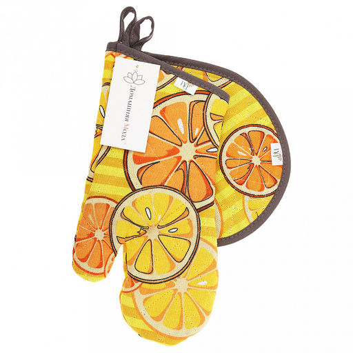 Кухонный комплект "Апельсинки, вид 5": прихватка-варежка 15х30см + прихватка 20х25см форма "Капелька", рогожка 171г/м2, хлопок 100%, наполнитель - ватин 280г/м2, на пластмассовом подвесе, "Домашняя мода" (Россия)