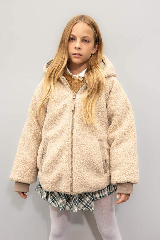 Плюшевое пальто с капюшоном и карманами на двусторонней молнии для девочек - Defacto фото 3