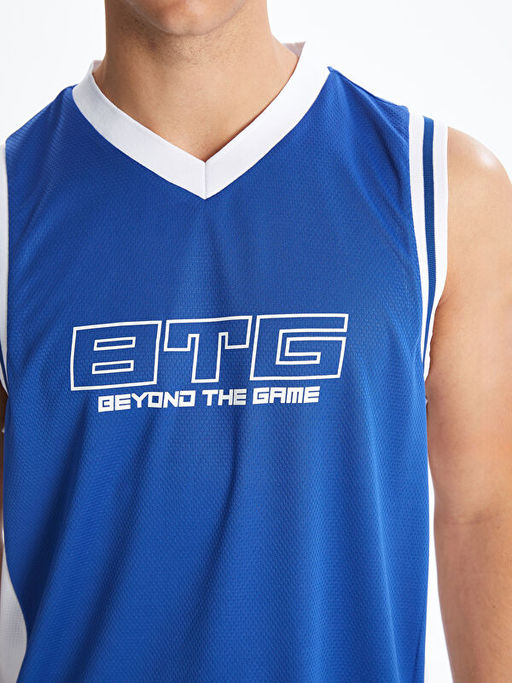 Bisiklet Yaka Bask?l? Erkek Kolsuz Ti??rt