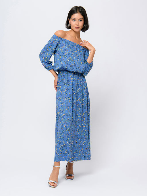 Платье синего цвета длины миди с принтом и пышными рукавами - 1001dress фото 2