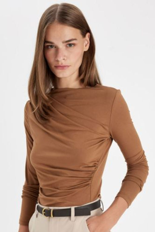 Slim Fit Dar Kesim Kay?k Yaka Basic Duz Uzun Kollu Bluz