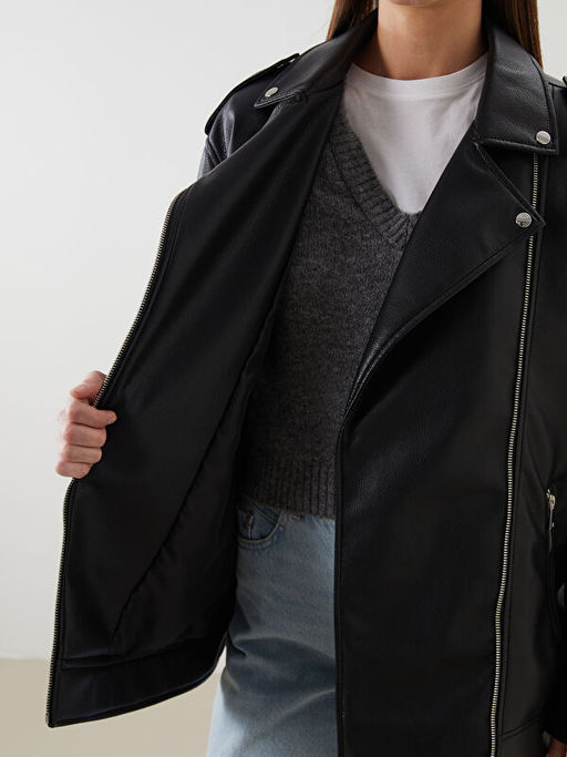 G?mlek Yaka Oversize Kad?n Deri G?r?n?ml? Ceket