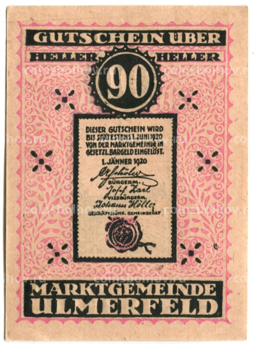 90 геллеров 1920 года Австрия  Ульмерфельд (нотгельд)