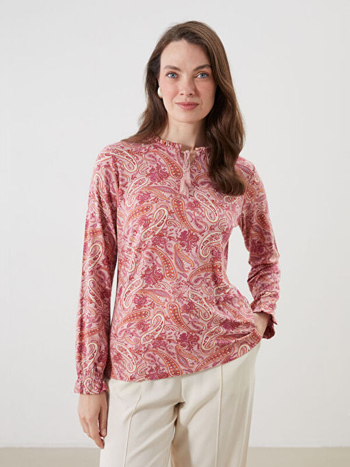 Ba?lamal? Yaka Etnik Desenli Bluz