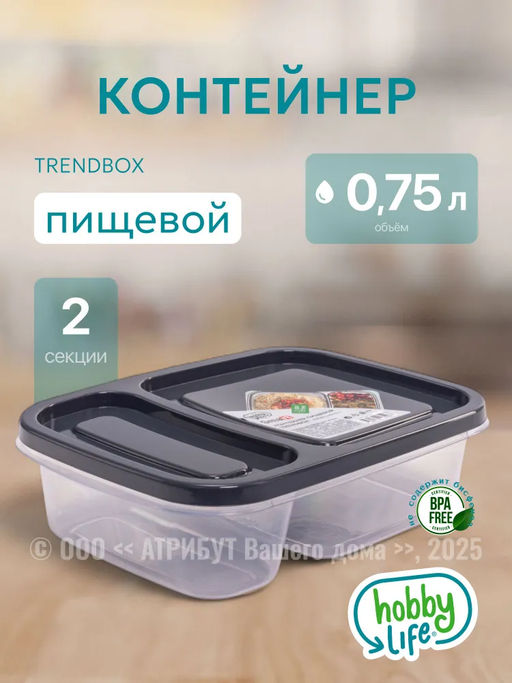 Контейнер пищевой TRENDBOX, серый, две секции, с крышкой, прямоугольный - Hobby Life фото 2