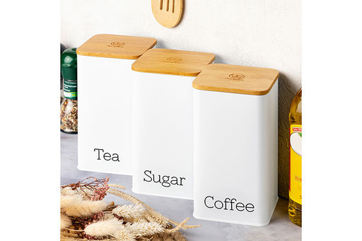 Набор 3 банок для сыпучих продуктов 1,6 л 9,5*9,5*18,5 см "Tea, coffee, sugar" белый с бамбук.крышк
