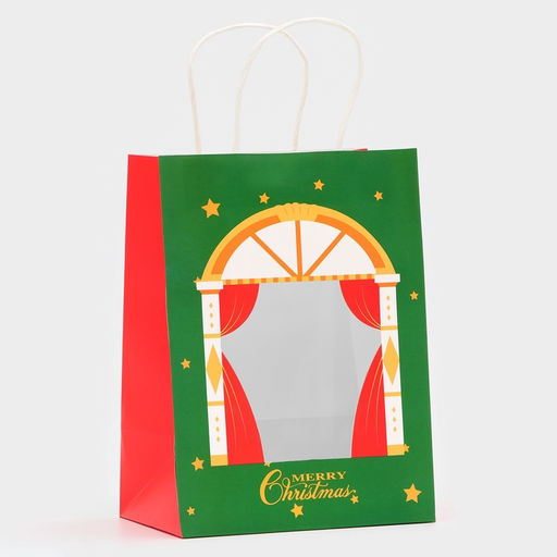 Цена за 12 шт. Пакет подарочный новогодний крафт с окном Театр 19?26?13 см