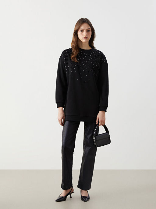 Bisiklet Yaka Ta?l? Kad?n Kal?n Sweatshirt Tunik