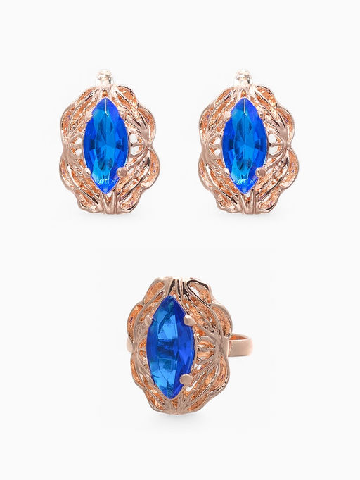 Гарнитур 3 предмета: серьги, кулон, кольцо безразмерное Эдель ажурный овал, цвет син в золоте, 45 см