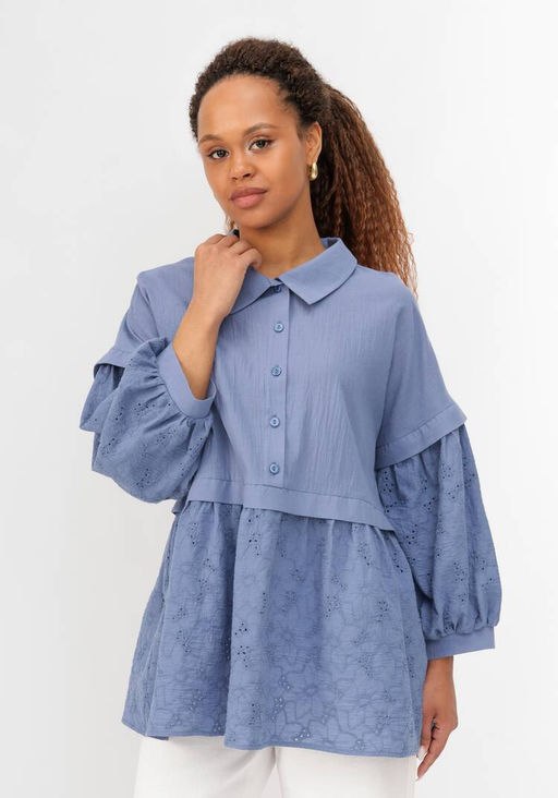 Блуза ажурная с отрезной кокеткой серо-синий