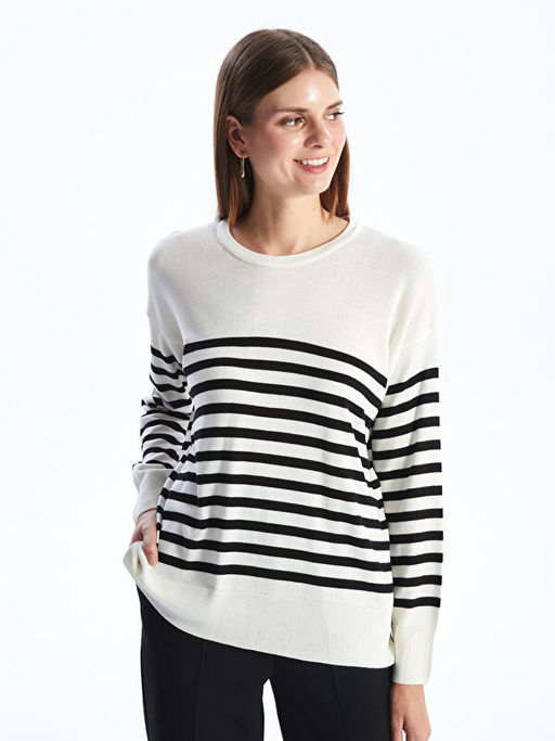 Bisiklet Yaka ?izgili Uzun Kollu Oversize Kad?n Triko Kazak