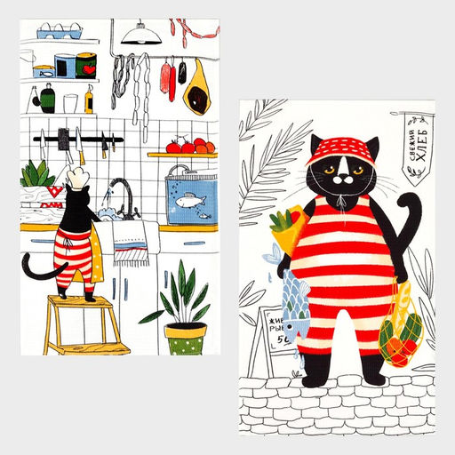 Набор кухонных полотенец Доляна Котик на кухне 35х60см-2шт, 100% хл  фото 2